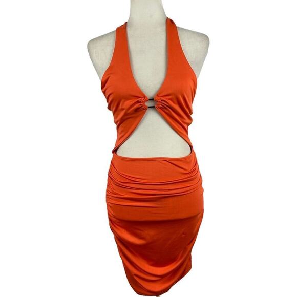 Sheseeworld Cut Out Mini Dress Sleeveless Halter Neck Ruched Dress Orange SZ M - Picture 2 of 10